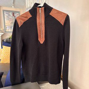 Vintage Ralph Lauren Black1/4 Zip Pullover Cotton Sweater with Leather Detail